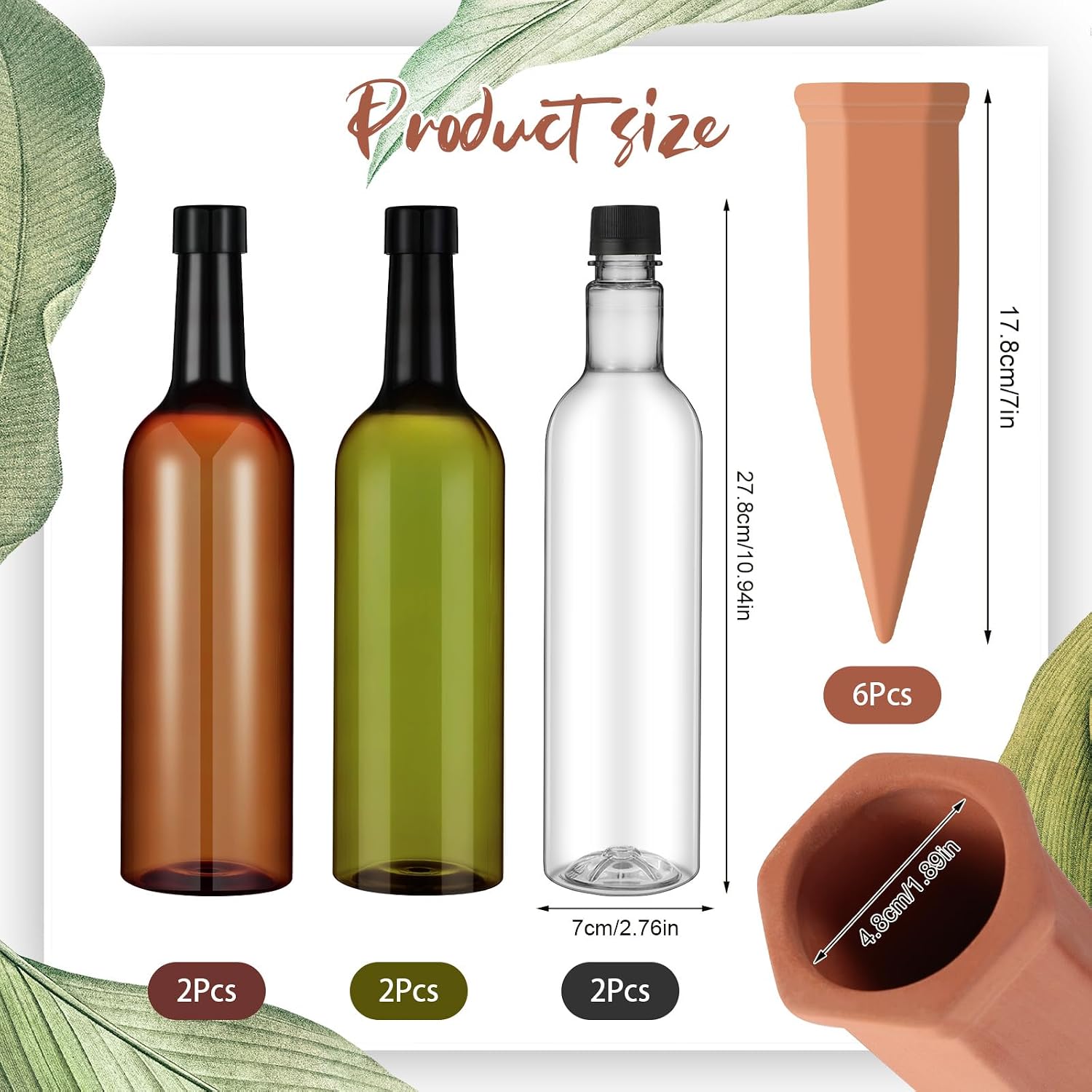 SiliFine 6 Sets Terracotta Watering Spikes,Green Clear Brown and Terracotta | 26 oz Bottles for Slow Release Watering