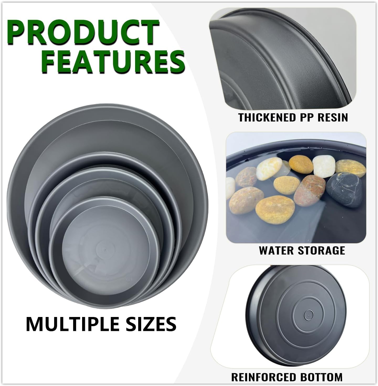 6 Pack 12 Inch Gray Plant Saucers, Heavy Duty PP Water Catcher Trays | Large Water Catcher Saucers for Indoor & Outdoor