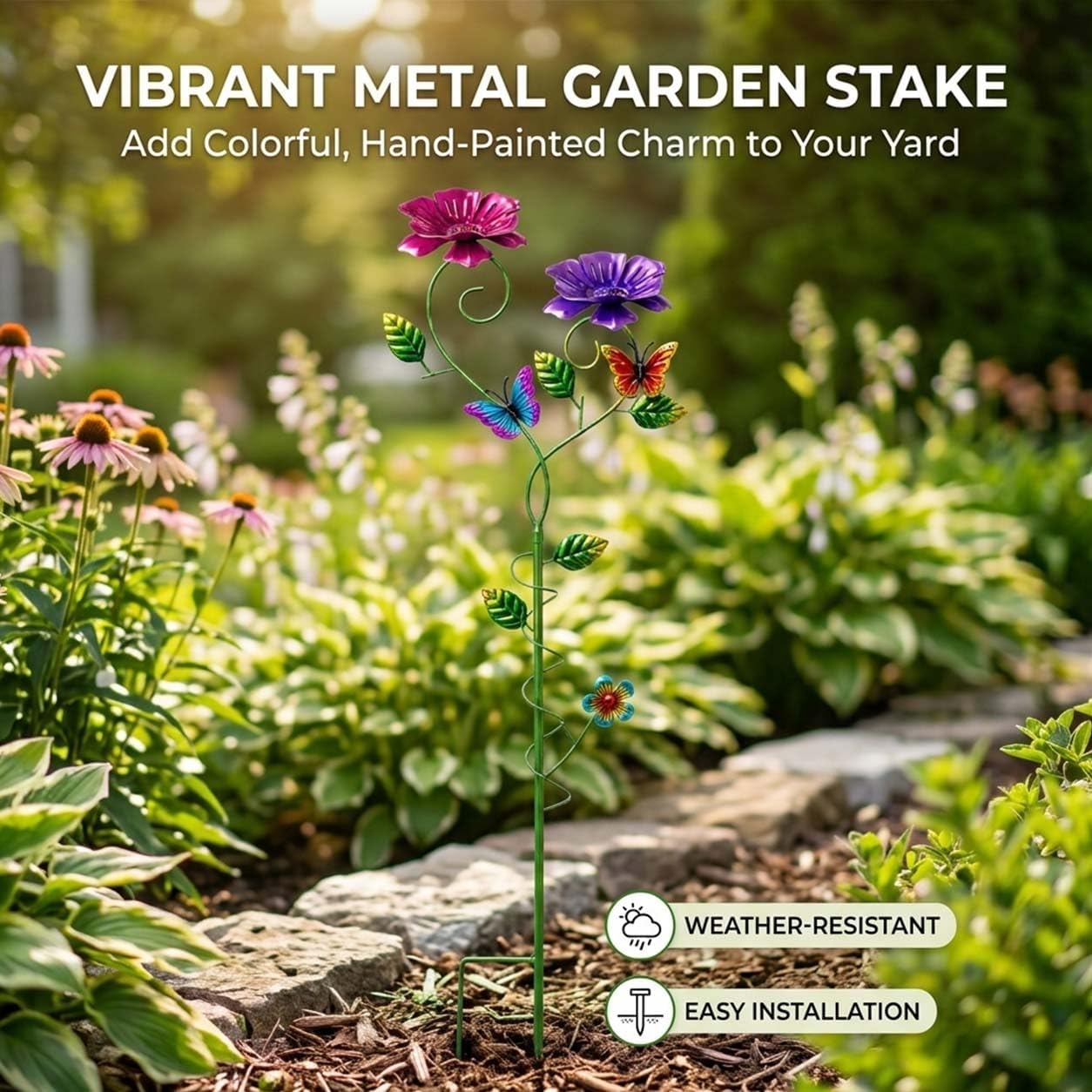 Flower Garden Stakes for Outdoor Yard Patio Lawn Decor | Hand-Painted Uv-Resistant Metal, Butterfly Accents, Spiral