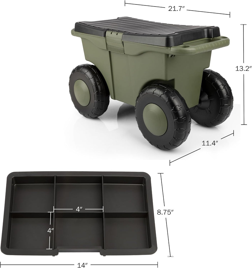 Pure Garden Rolling Garden Cart with Seat, Green | Plastic Garden Bench with Interior Tool Tray for Storage - Gardening