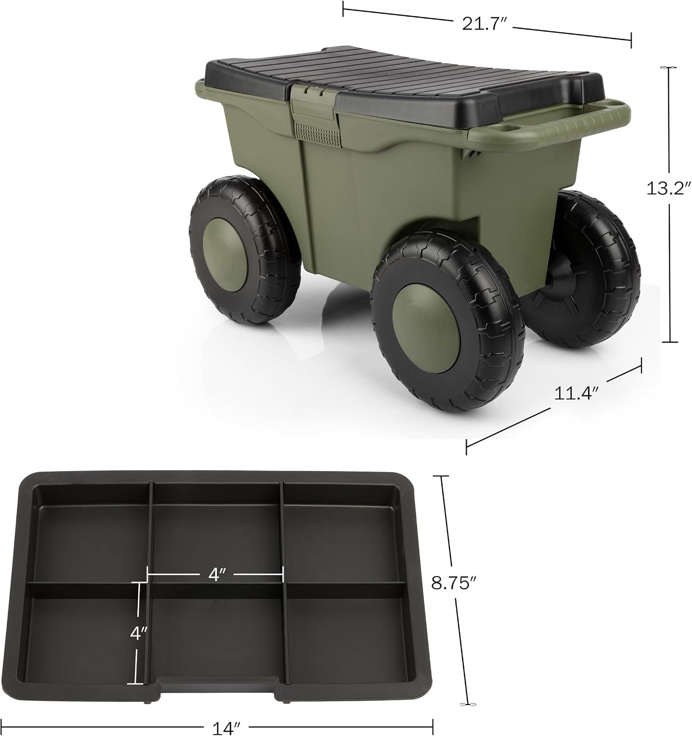 Pure Garden Rolling Garden Cart with Seat, Green | Plastic Garden Bench with Interior Tool Tray for Storage - Gardening