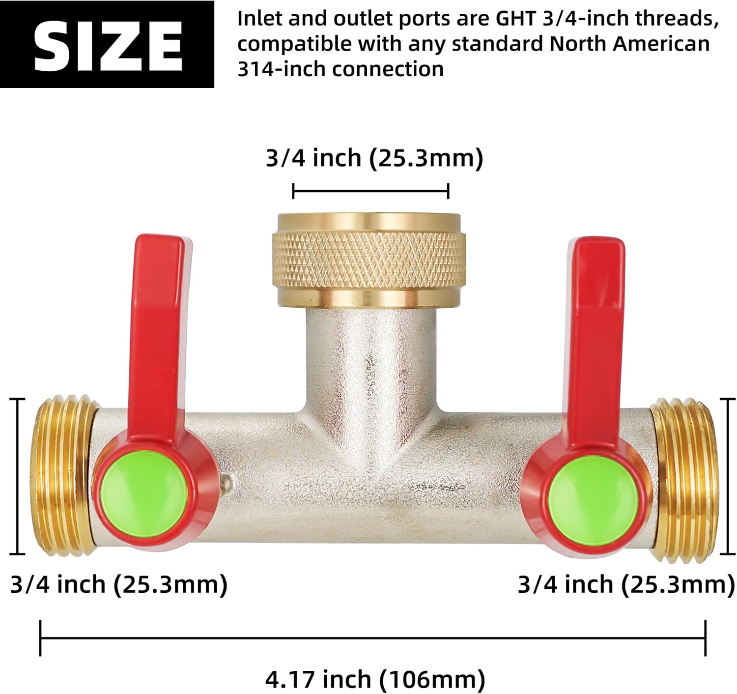 Hose Splitter 2 Way, High Flow Garden Hose Splitter, 3/4” Ght Inlet Brass Heavy Duty Hose Converter, water 2 Way Faucet