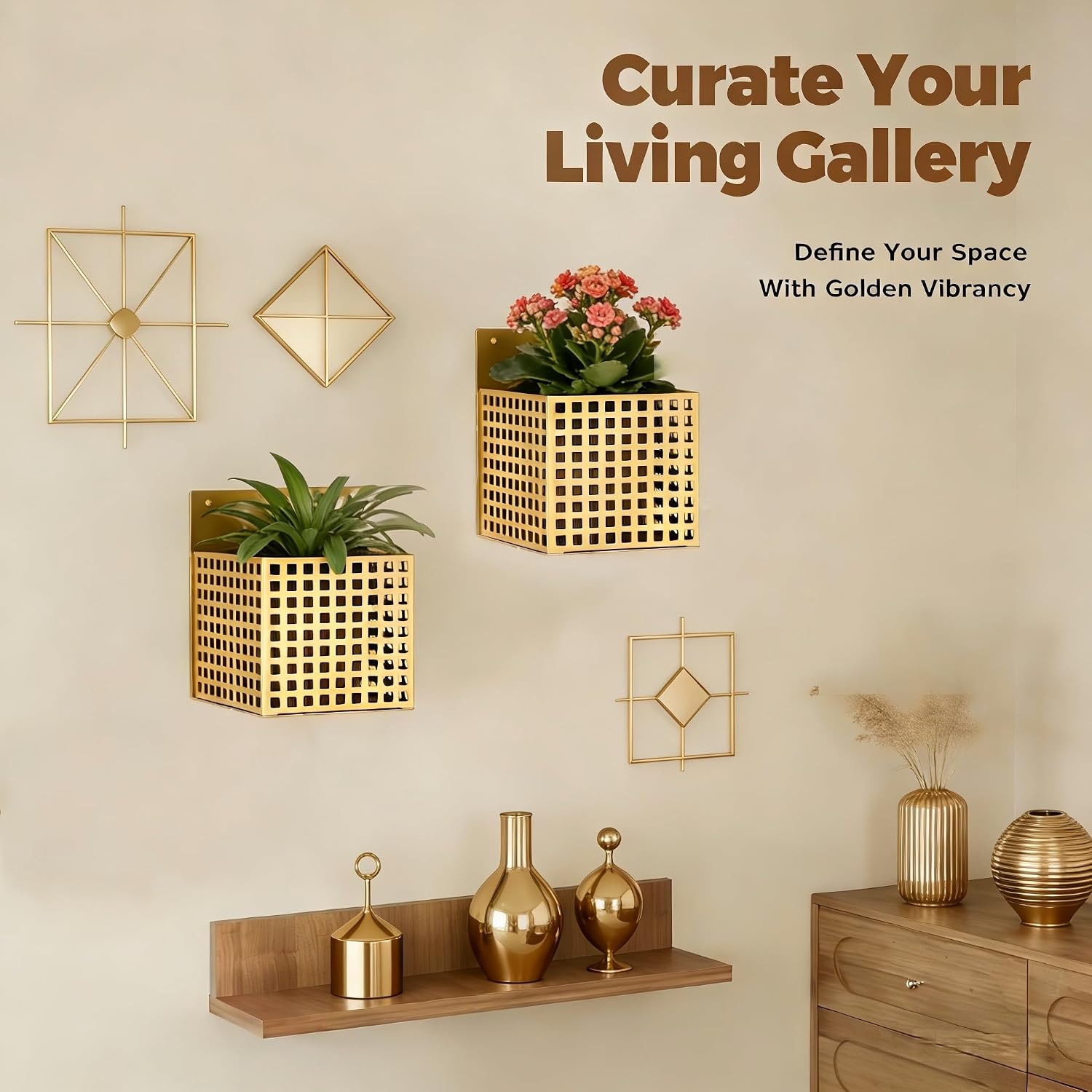 Self-Watering Wall Mount Planter – Gold Indoor Plant Holder Wall Hanging | Self-watering, less care. Antique gold