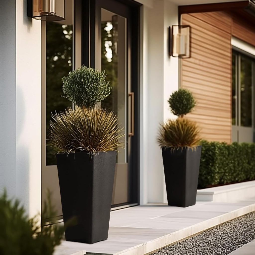LA JOLIE MUSE Tall Outdoor Planters Set of 2, 26 Inch Large Tapered Planter | Tall Black Rectangular Planters with