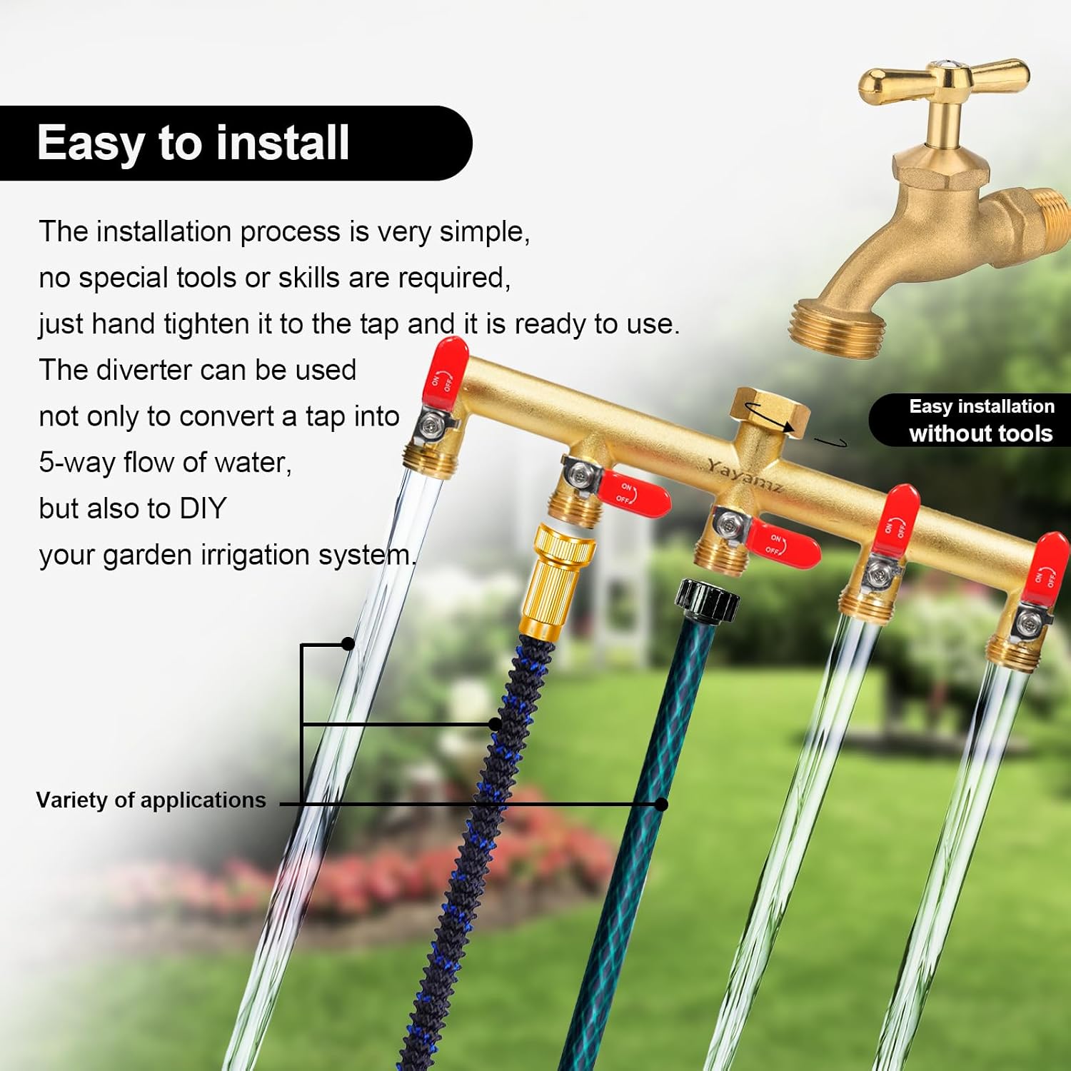 5 Way Garden Hose Splitter, 3/4" GHT Outdoor Water Spigot Splitter | Heavy Duty Solid Brass Body with Shut-off Valves &