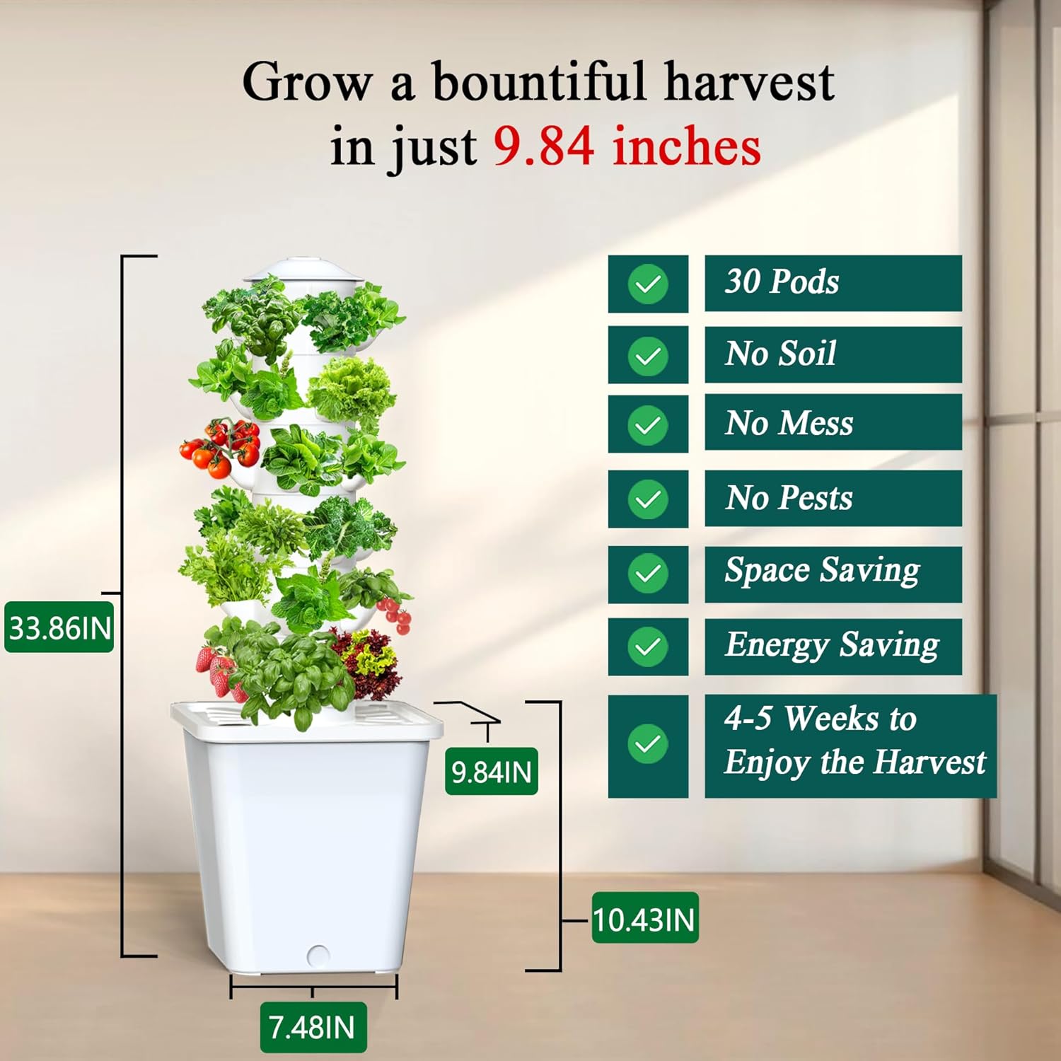 Hydroponics Growing System, 30-Plant Indoor Hydroponic Tower with Pump System, Plants Germination Kit, Smart Aeroponic
