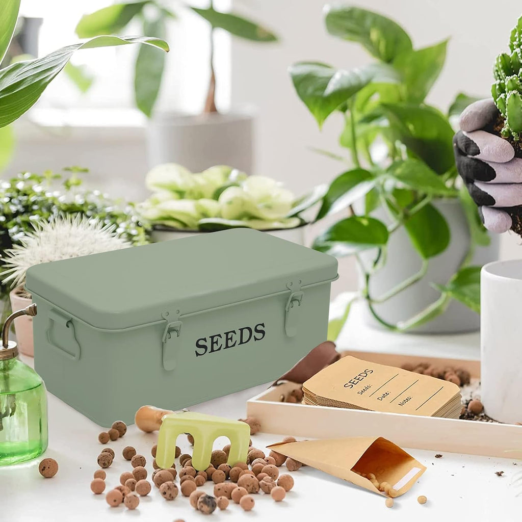 Seed Storage, Metal Seed Box, Seed Storage Organizer Box with Lid & Handle | 4 Compartments Seed Storage Box, Seed