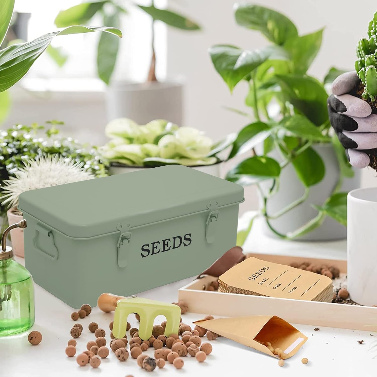 Seed Storage, Metal Seed Box, Seed Storage Organizer Box with Lid & Handle | 4 Compartments Seed Storage Box, Seed