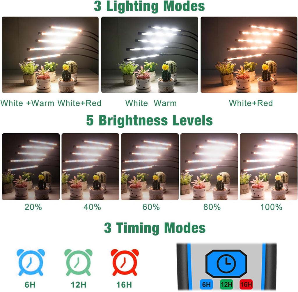 Grow Lights for Indoor Plants, 5 Heads Grow Light with Tripod Stand | Full Spectrum,100PCS LEDs,3 Light Modes,6/12/16H