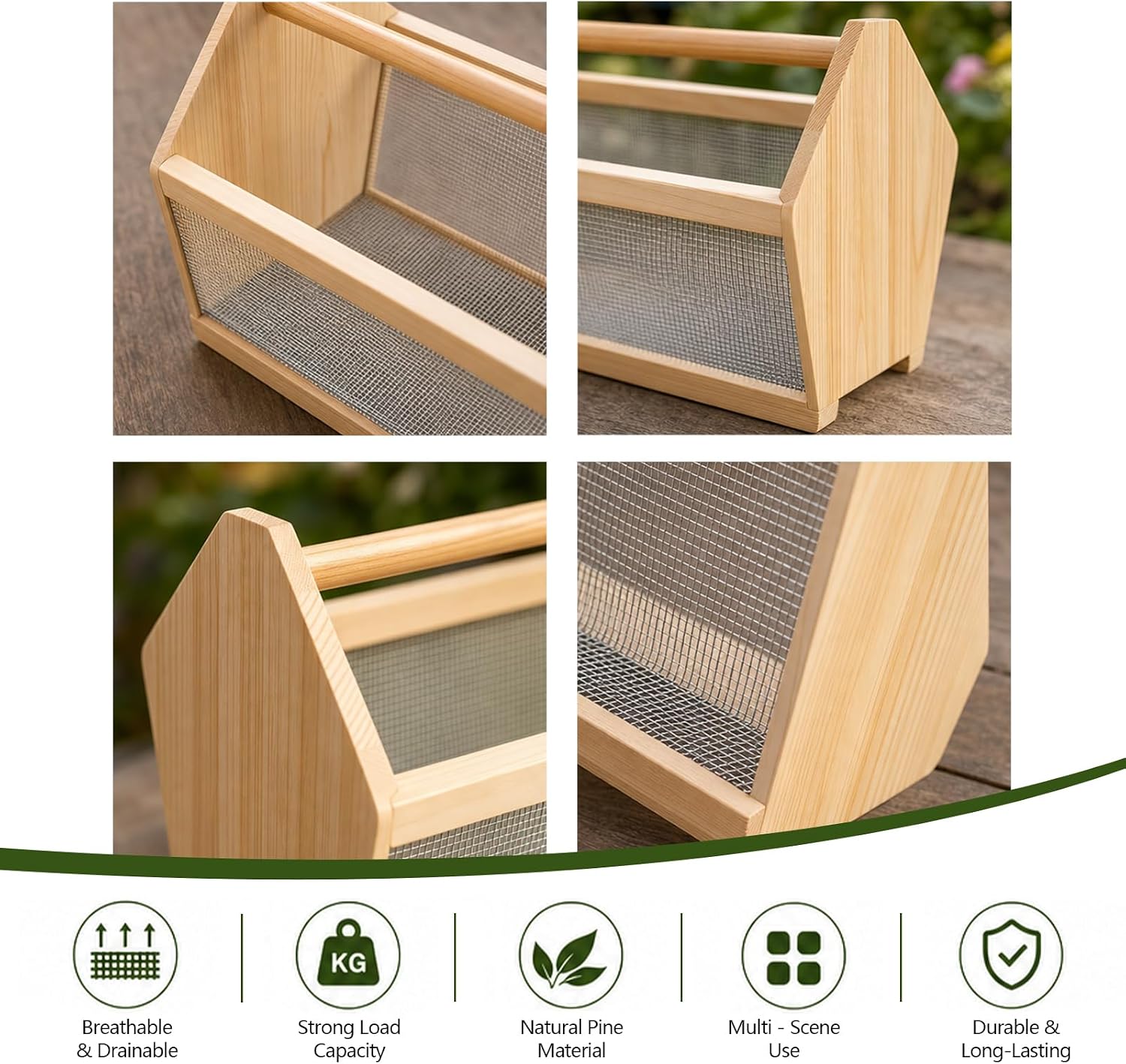 Garden Basket, Wood Harvest Basket with Wire Mesh, 12x7.5x10″ | Solid wood, rust-proof wire mesh, for gathering fruits