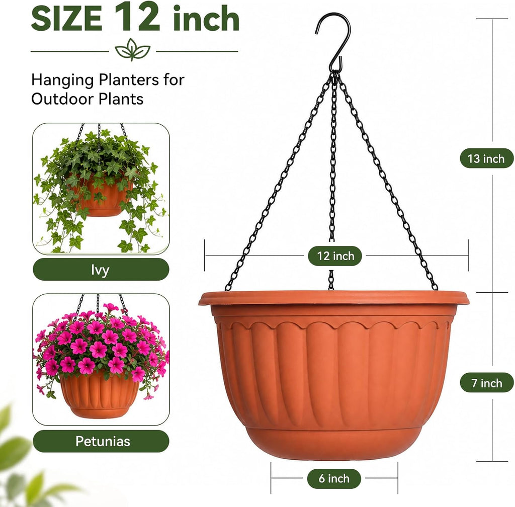 YIKUSH 12 Inch Hanging Planters for Outdoor Plants, 2 Pack Plastic Hanging Flower Pots with Drainage Hole & Tray