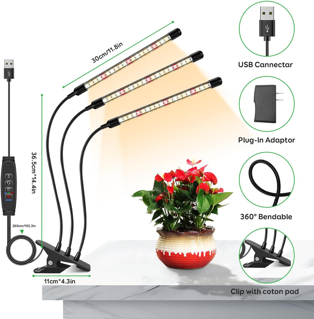 LED Grow Lights for Indoor Plants, 3Heads Grow Lights for Seed Starting, 10 Dimmable Levels & 3 Timer Modes (3/9/12H)
