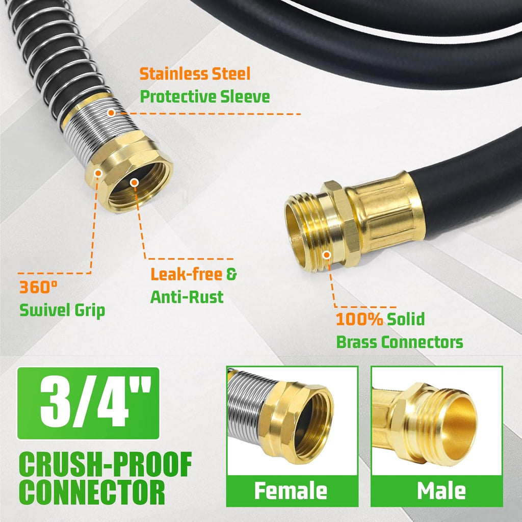 Heavy Duty Garden Hose 75FT x 5/8", 300psi Working, 1100psi Burst | Non kinking rubber water hose for hot/cold water.