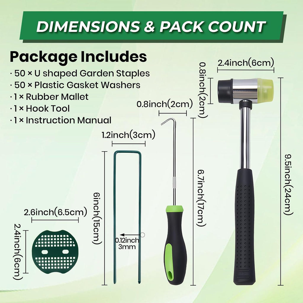 50Pcs Garden Staples +50Pcs Gasket +Pick Hook +Rubber Mallet, 6 Inch Landscape Fabric Stakes Galvanized Weed Barrier