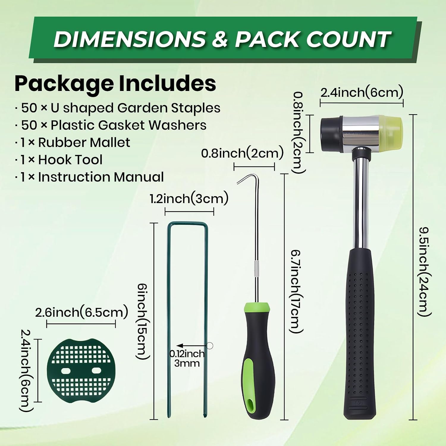 50Pcs Garden Staples +50Pcs Gasket +Pick Hook +Rubber Mallet, 6 Inch Landscape Fabric Stakes Galvanized Weed Barrier