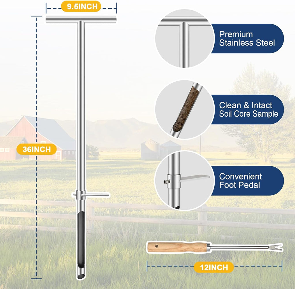 36 Inch Soil Sampler Probe, Stainless Steel Soil Core Sampling Tool with T-Handle, Heavy Duty Soil Probe for Lawn