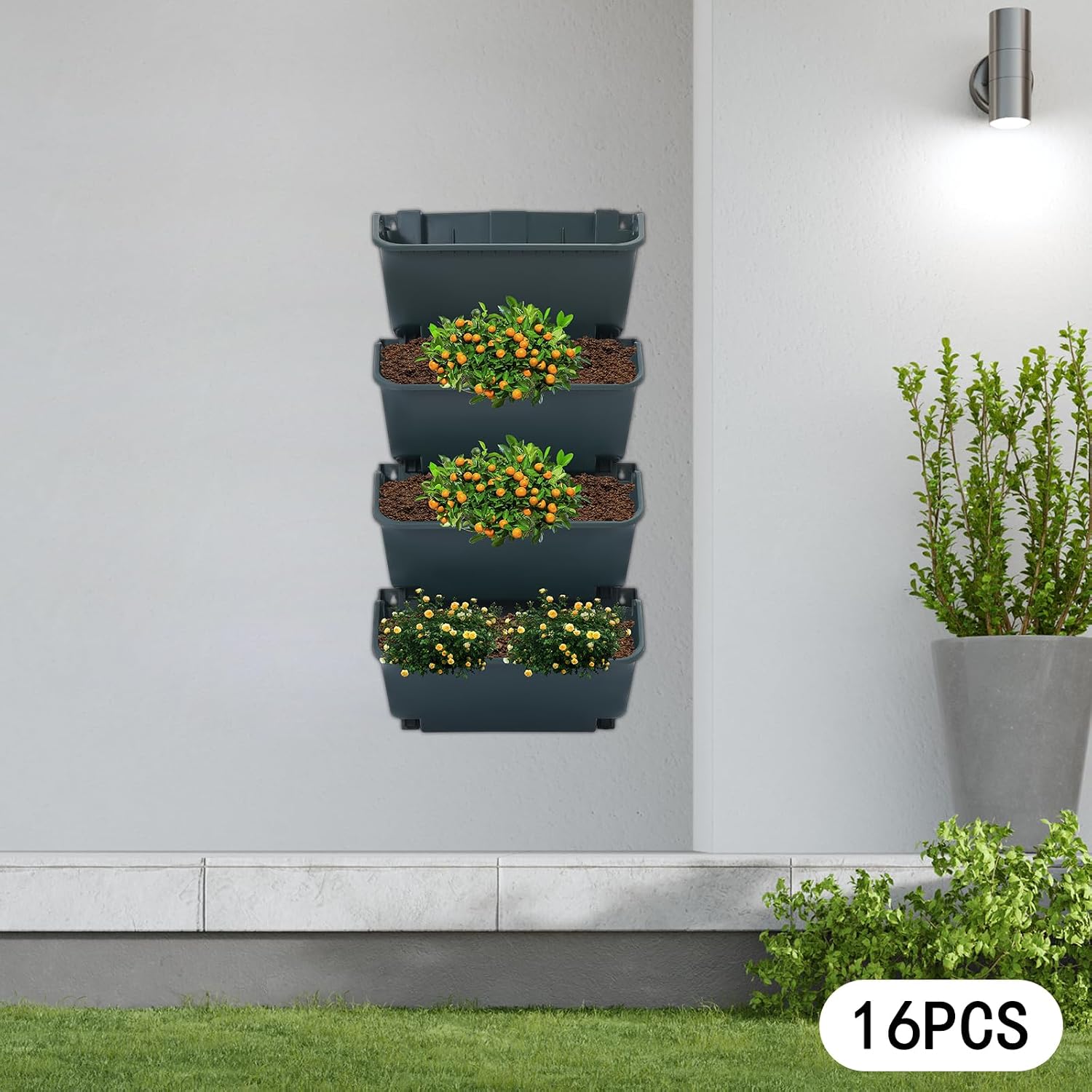 Vertical Wall Planter with 16 Pots, Hanging Garden Plant Flowerpot Holder, Stackable Wall-Mounted Planter, Balcony