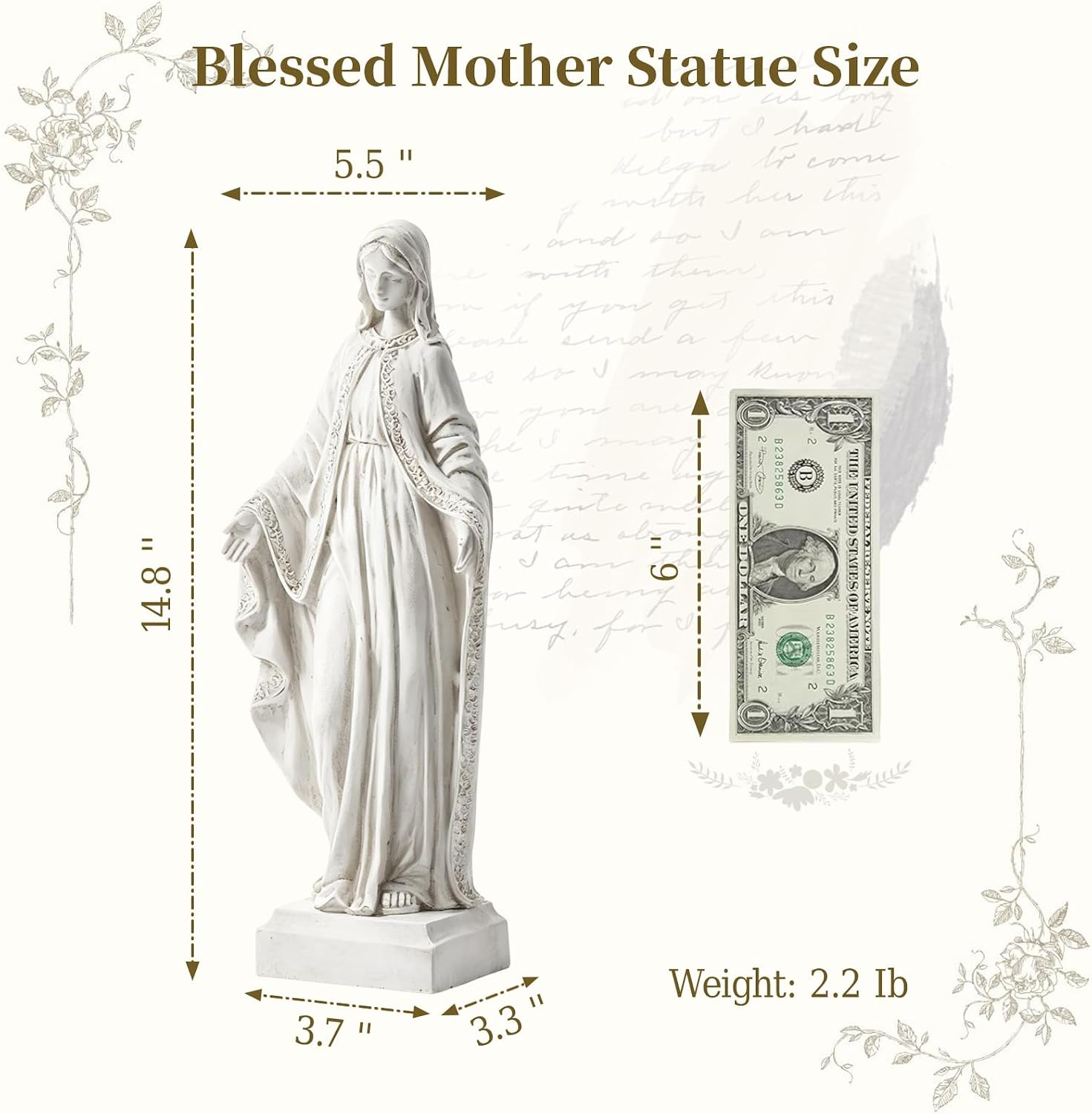 Virgin Mary Statue, 15" H Resin Blessed Mother Mary Statue | Religious Virgin Mary Statue Outdoor, Catholic Home Decor
