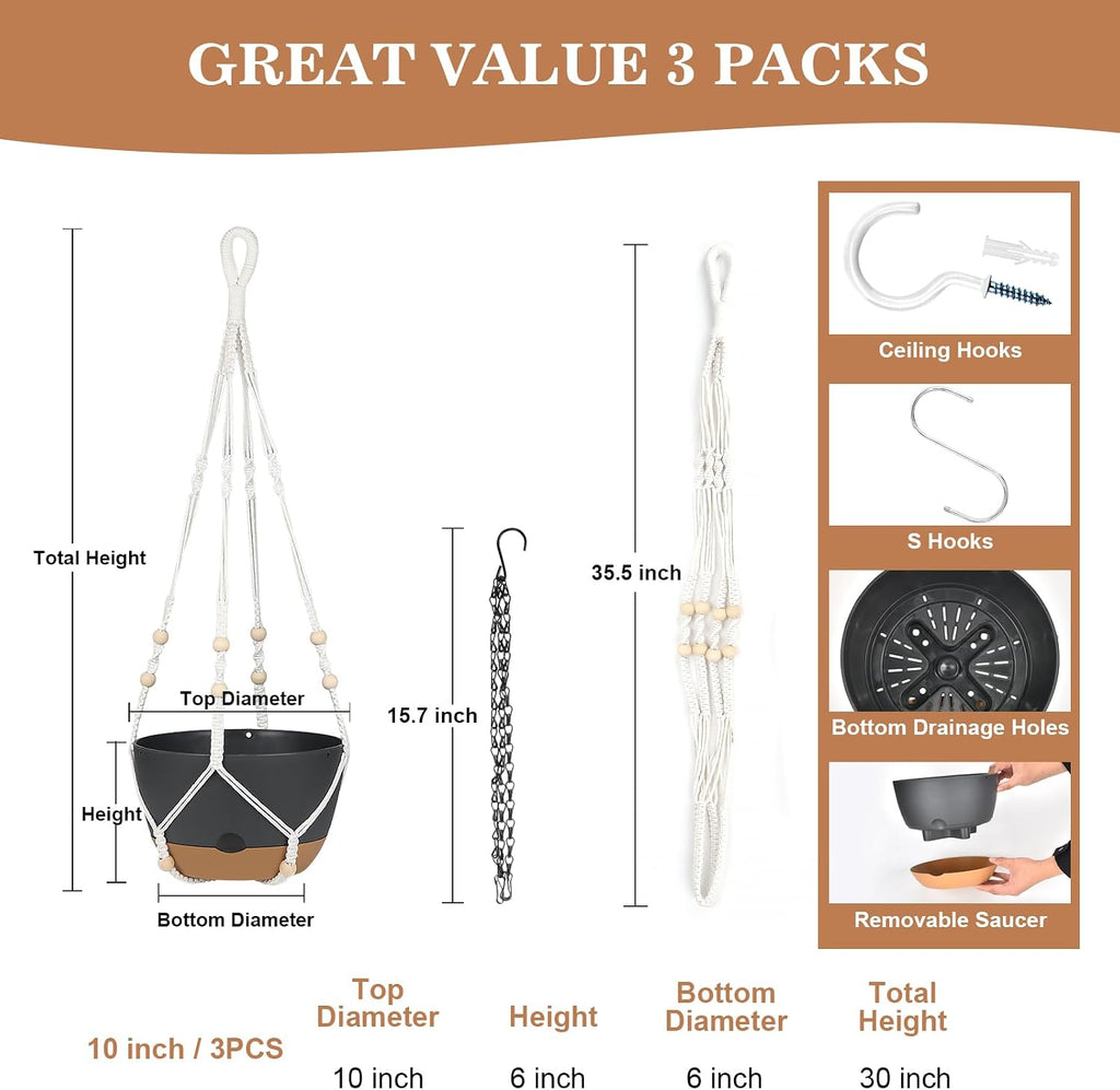 Hanging Planter for Indoor Plants, 3 Pack 10 Inch Self Watering Flower Pot with Macrame Plant Hanger, Metal Chain, S &