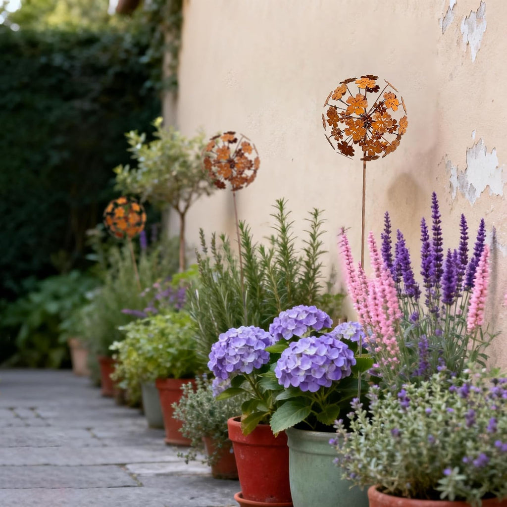 Rustic Dandelion Garden Stakes 2 Pack, 3D Rusty Metal Flowers Sculpture | Decorative Garden Stake, Outdoor Yard Art