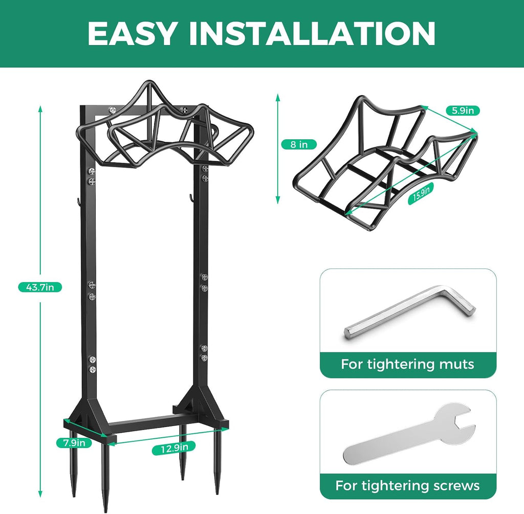 Garden Hose Holder with 2 Tool Hooks Heavy-Duty Water Hose Reel Rustproof | Freestanding Hose Reel Metal Stand Rack