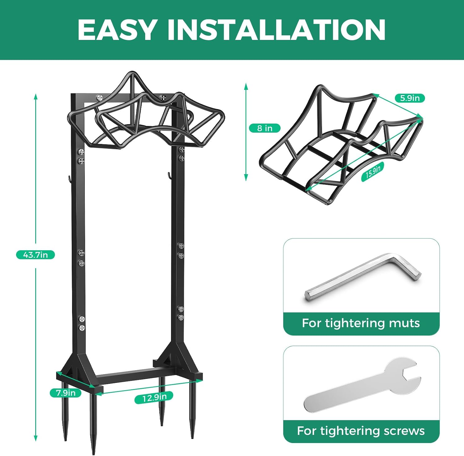 Garden Hose Holder with 2 Tool Hooks Heavy-Duty Water Hose Reel Rustproof | Freestanding Hose Reel Metal Stand Rack