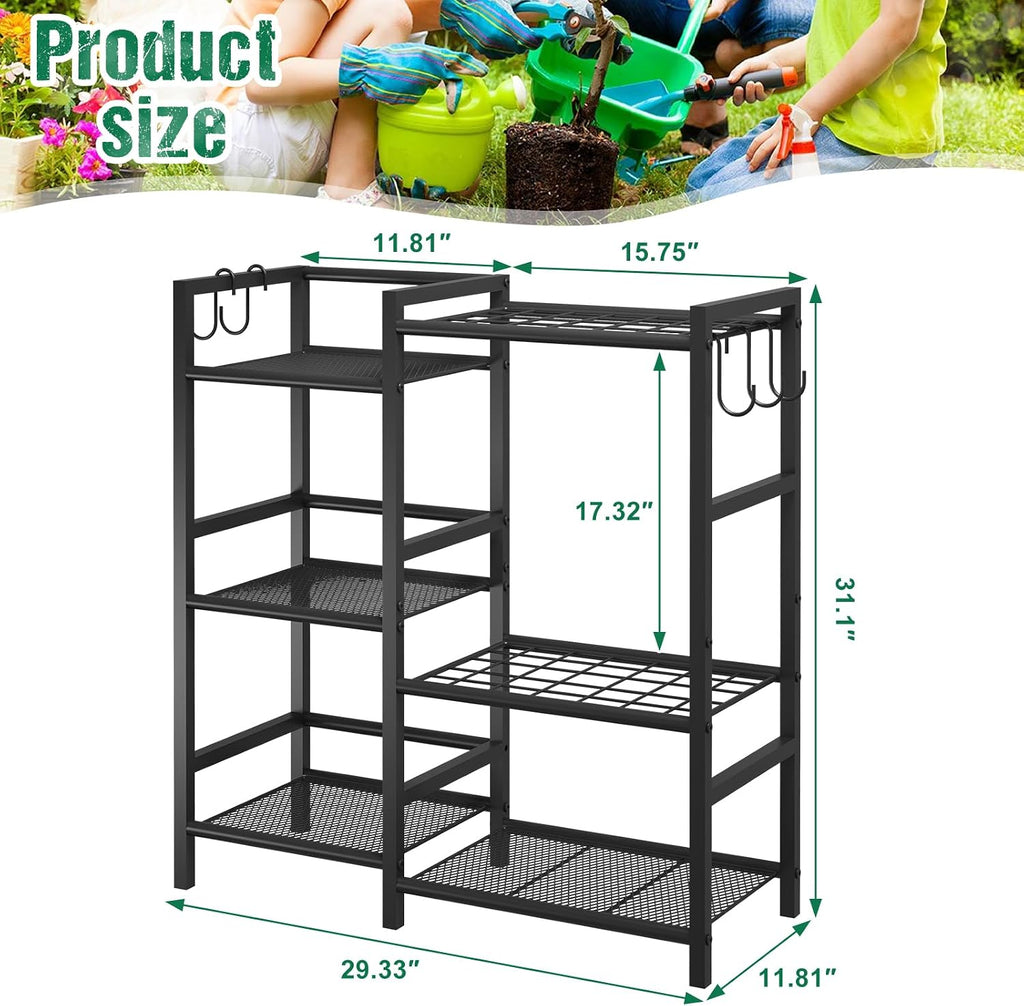 keomaisyto Garden Tool Organizer with Large Hooks, Garage Storage Rack | 3 Tier Yard Tool Holder with 35 Long-Handled
