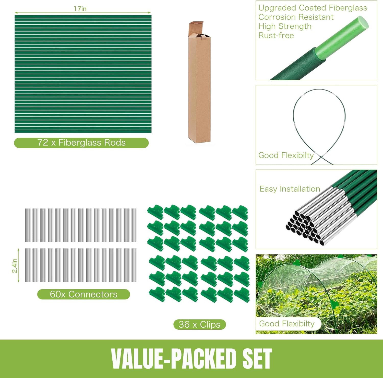 72 Pack Garden Hoops for Raised Beds, 12 Sets Fiberglass with PVC | Durable, Rust-proof, DIY greenhouse tunnel, For row