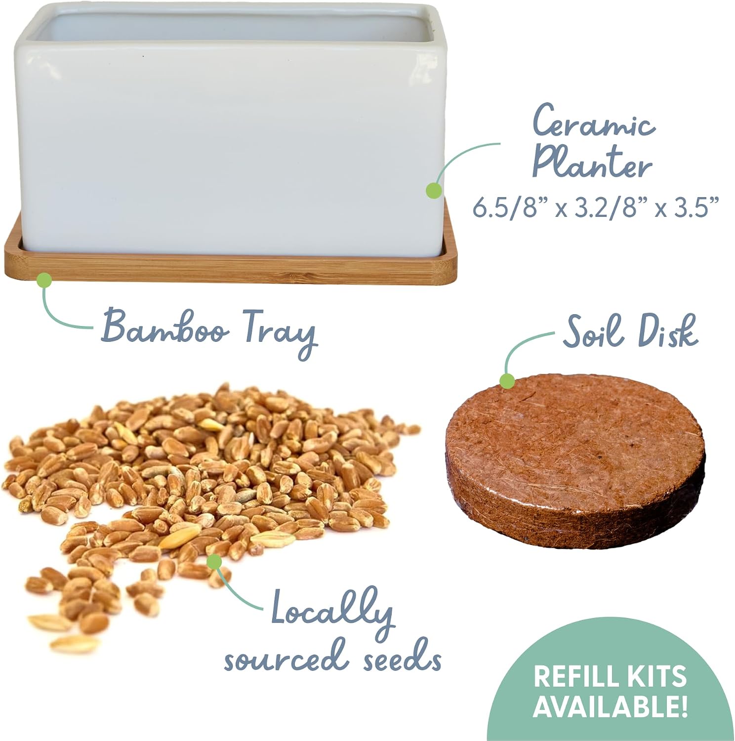 The Cat Ladies Organic Cat Grass Growing kit with Organic Seed Mix, Soil and Ceramic Planter with Bamboo Tray. Natural