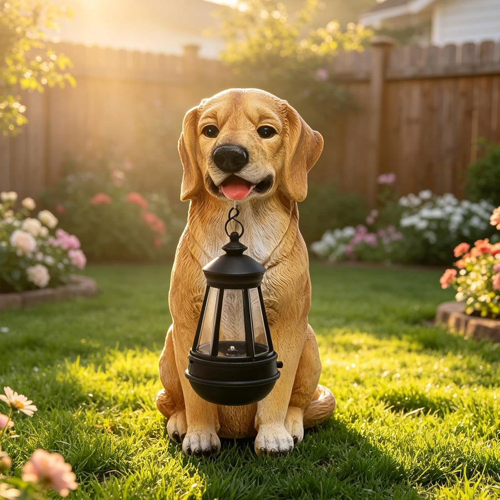 Solar Dog Statue Garden Decor, Golden Retriever Dog Statues Solar Lights | Outdoor Resin Labrador Figurine Holding