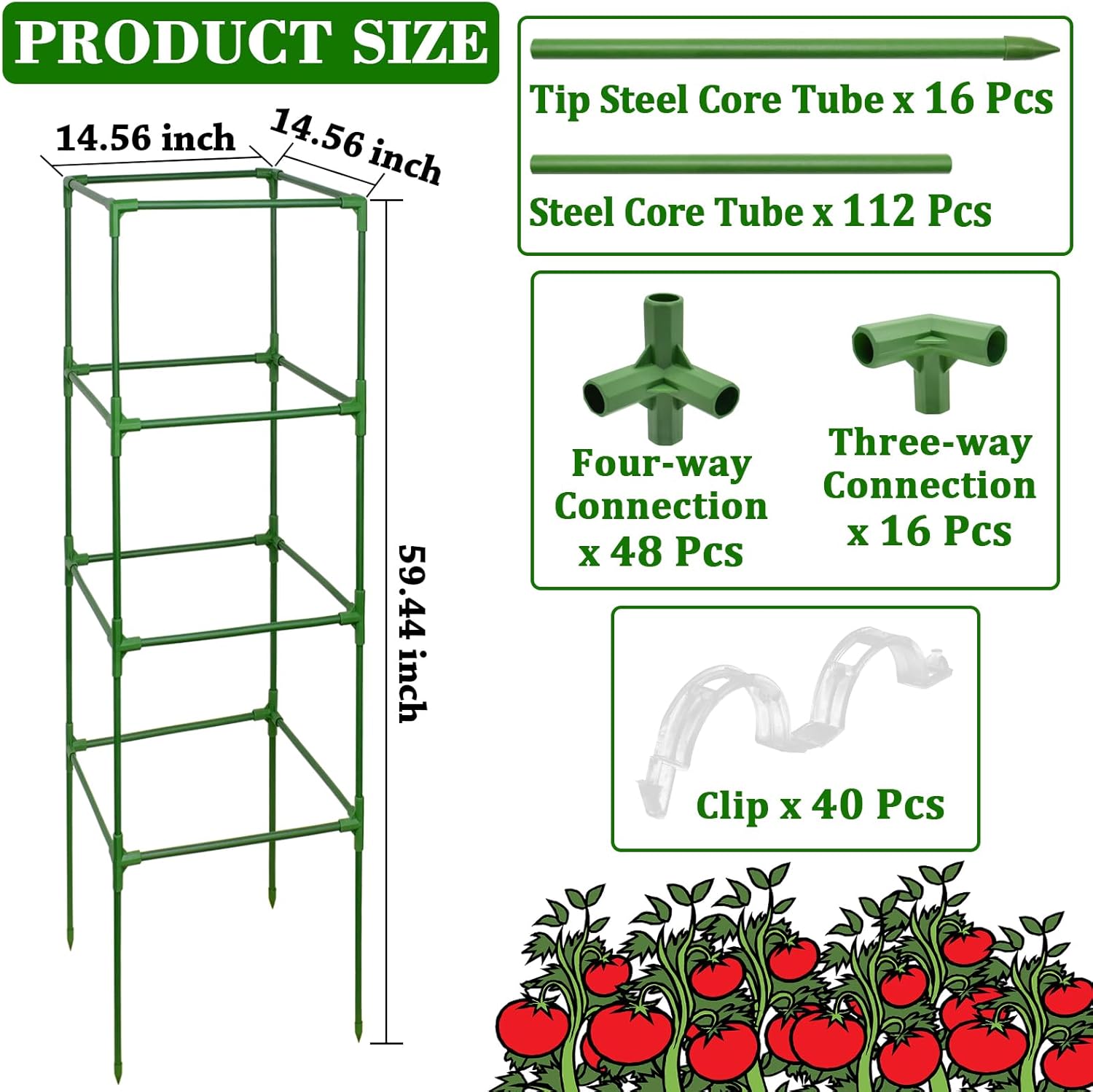 60 Inch 4 Pack Heavy Duty Tomato Cages with Clips | Square Tomato Trellis for Raised Garden Bed, Adjustable Plant