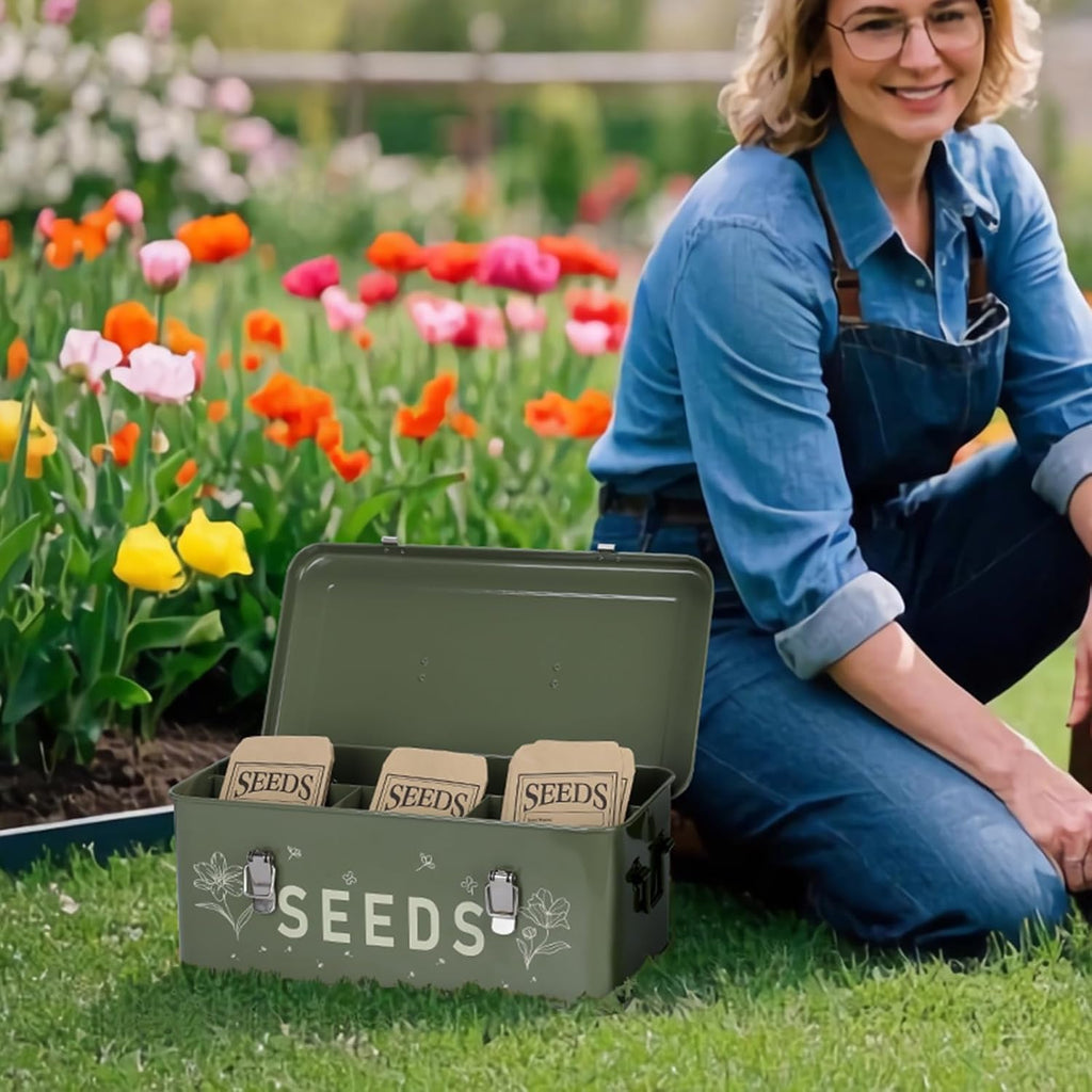 Seed Storage Organizer with Lid, Metal Seed Bin Seed Packet Container | 100 Plant Labels, 50 Seed Envelopes, 50 Plant