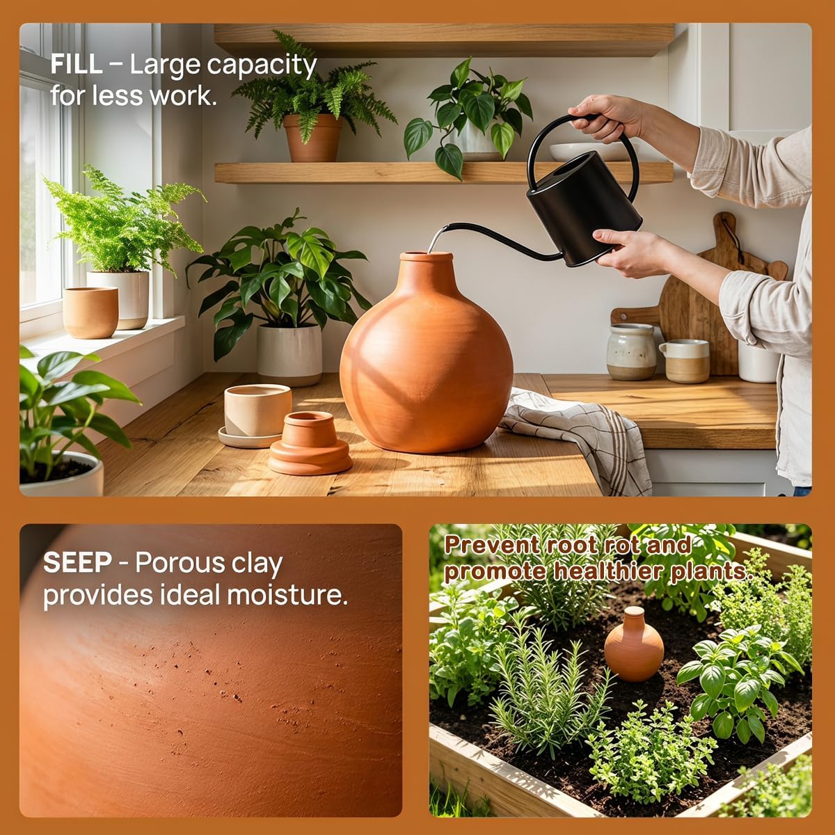 Ollas Self Watering System,Large Terracotta Watering Pots | Slow seepage reaches roots directly,auto-adjusting to soil