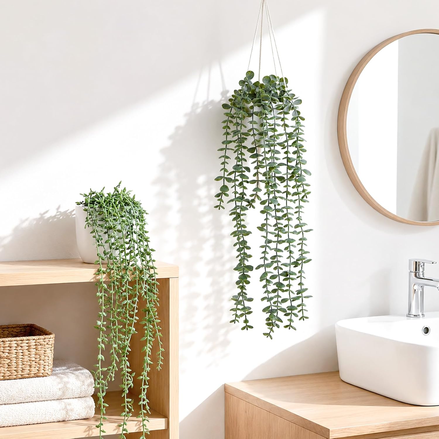 2Pcs Artificial Hanging Plants Macrame Hanger Pots Indoor Wall Home Decor | Faux Trailing Greenery, Fake Eucalyptus &