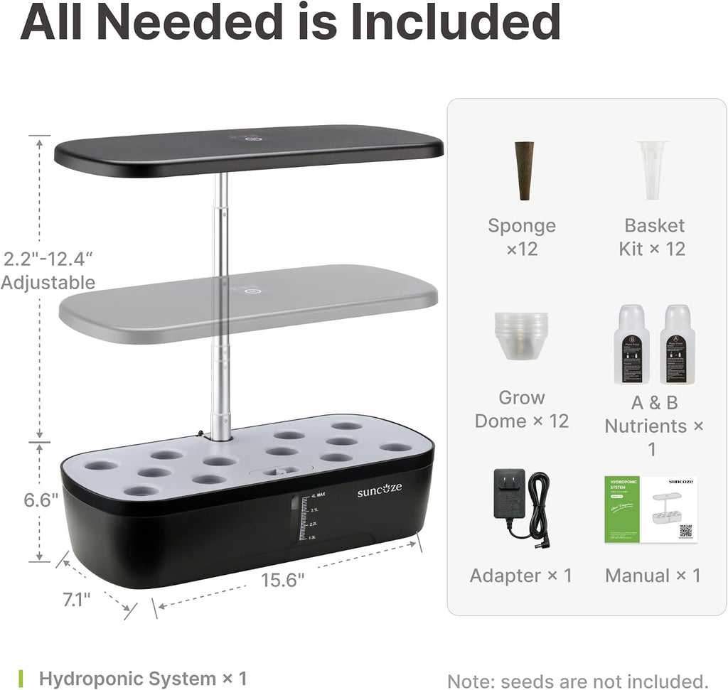 Hydroponics Growing System, 12 Pods, 12.4 in Adjustable Height | Indoor herb Garden with 20W LED Grow Light, Visible