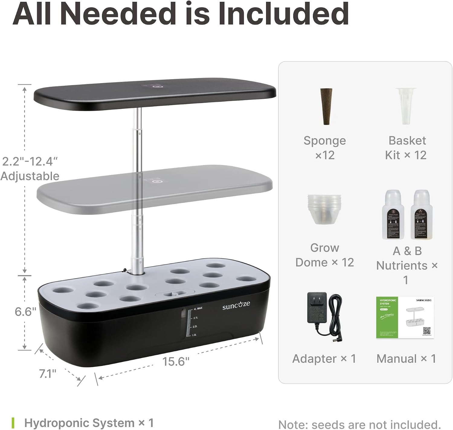 Hydroponics Growing System, 12 Pods, 12.4 in Adjustable Height | Indoor herb Garden with 20W LED Grow Light, Visible