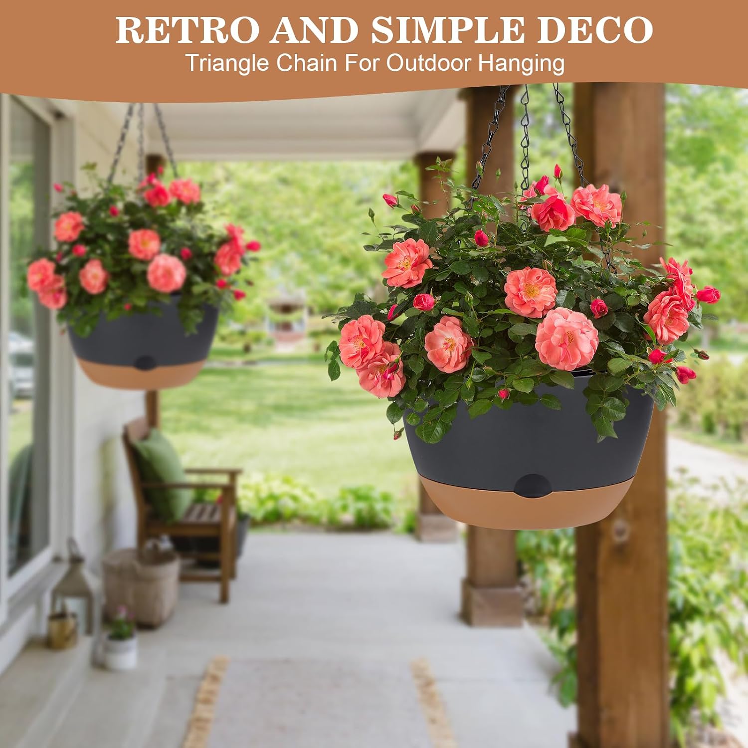 Hanging Planter for Indoor Plants, 3 Pack 10 Inch Self Watering Flower Pot with Macrame Plant Hanger, Metal Chain, S &