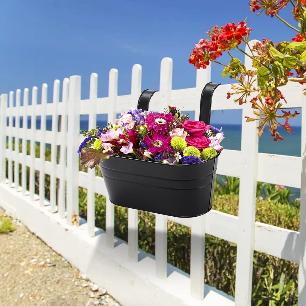 Foraineam 6 Pack Hanging Flower Pots, Metal Iron Hanging Planter Plant Pot Holders for Railing Fence Balcony, Black