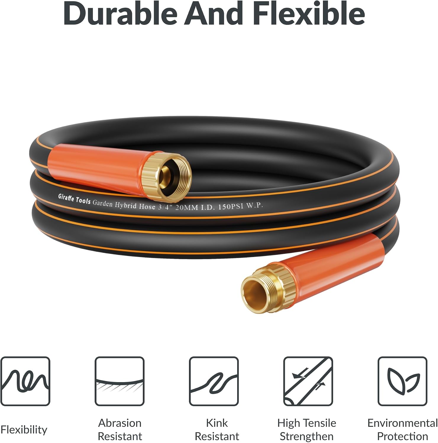 Giraffe Tools Garden Hose 12ft x 3/4" | Heavy Duty 3/4 Inch Water Hose, Flexible, Hybrid Lightweight Hose, Male to