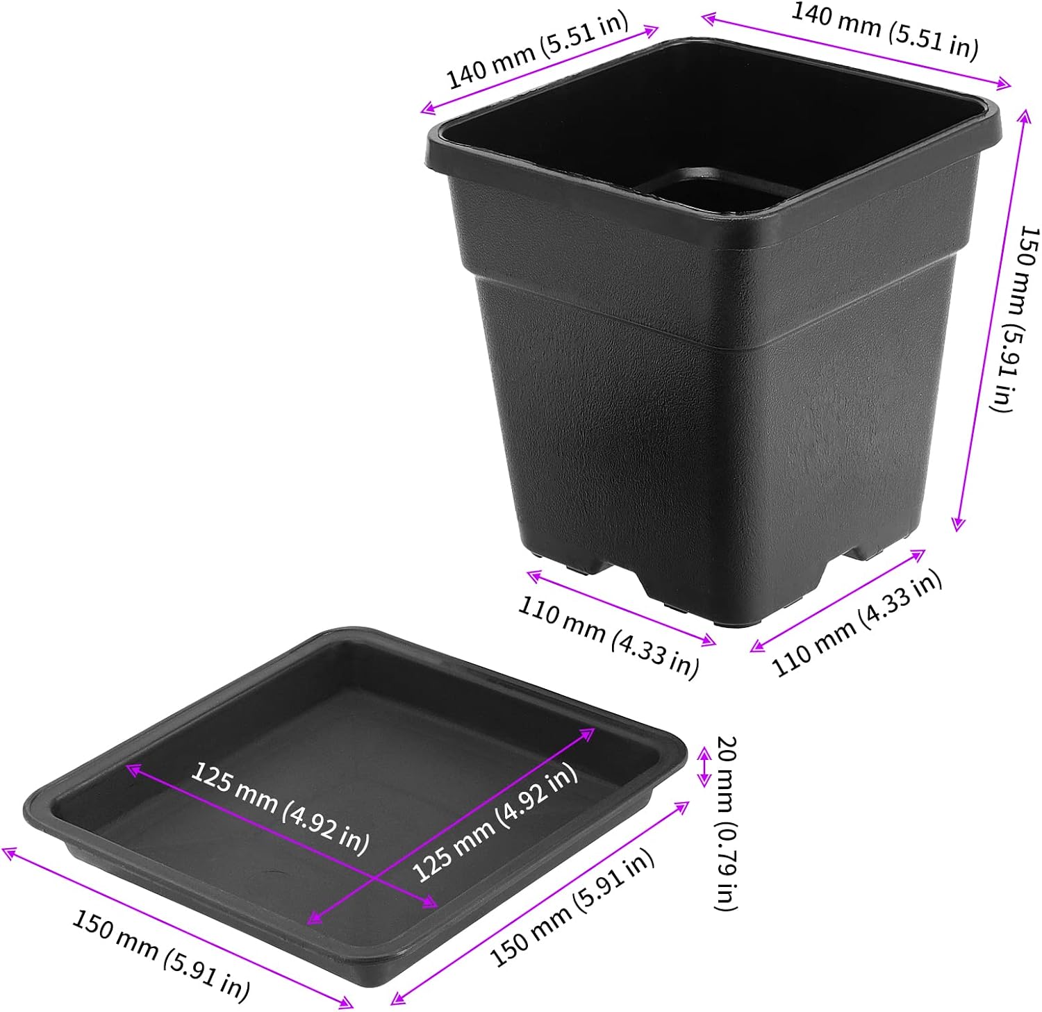 JEUIHAU 16 Packs 5.5 Inch Plastic Square Nursery Pots, Black Square Nursery Plant Pot with Saucers, Seedling Nursery