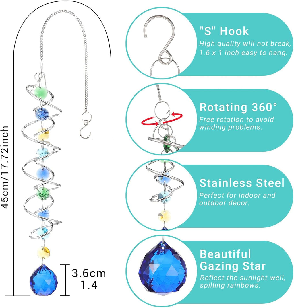 Set of 4 Crystal Sun Catcher for Window Hanging Double-Spiral Gazing Ball Spiral Tail Rainbow Maker Wind Spinners