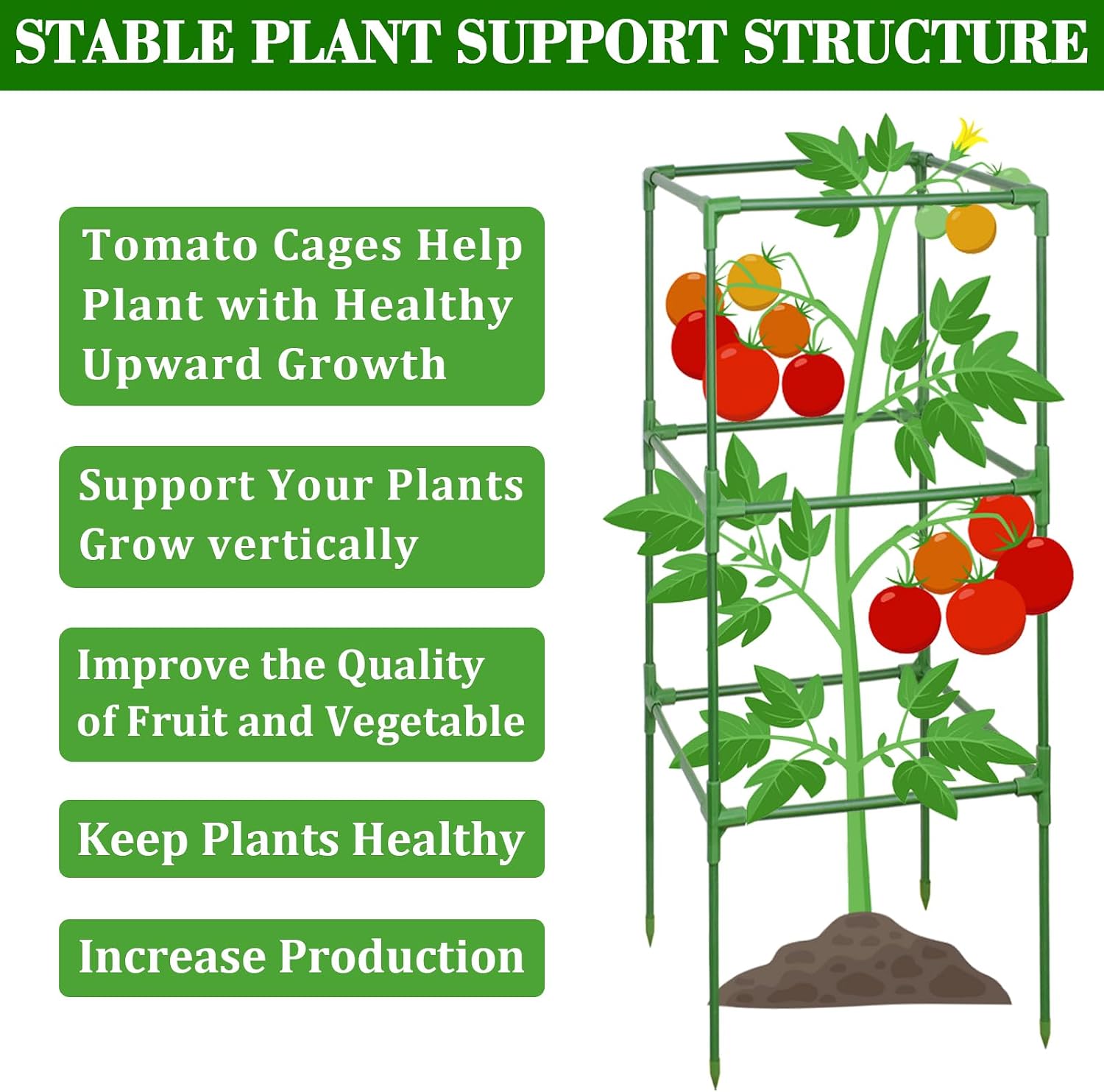 6 Pack 60 Inch Heavy Duty Tomato Cages for Garden with Clips | Square Tomato Trellis for Raised Garden Bed, Adjustable