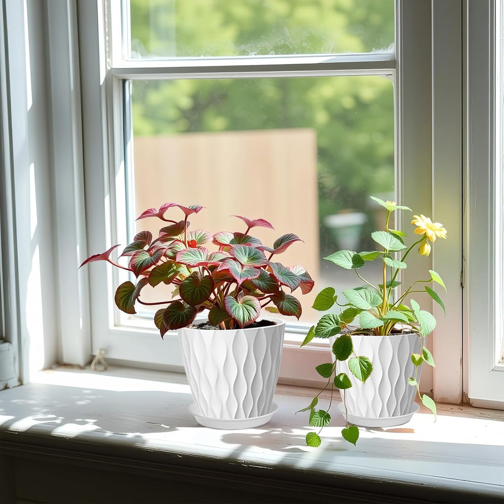 6 Pack 7 Inch Plant Pots with Drainage and Saucers, White Plastic Flower Pots for Indoor and Outdoor Plants, Stackable