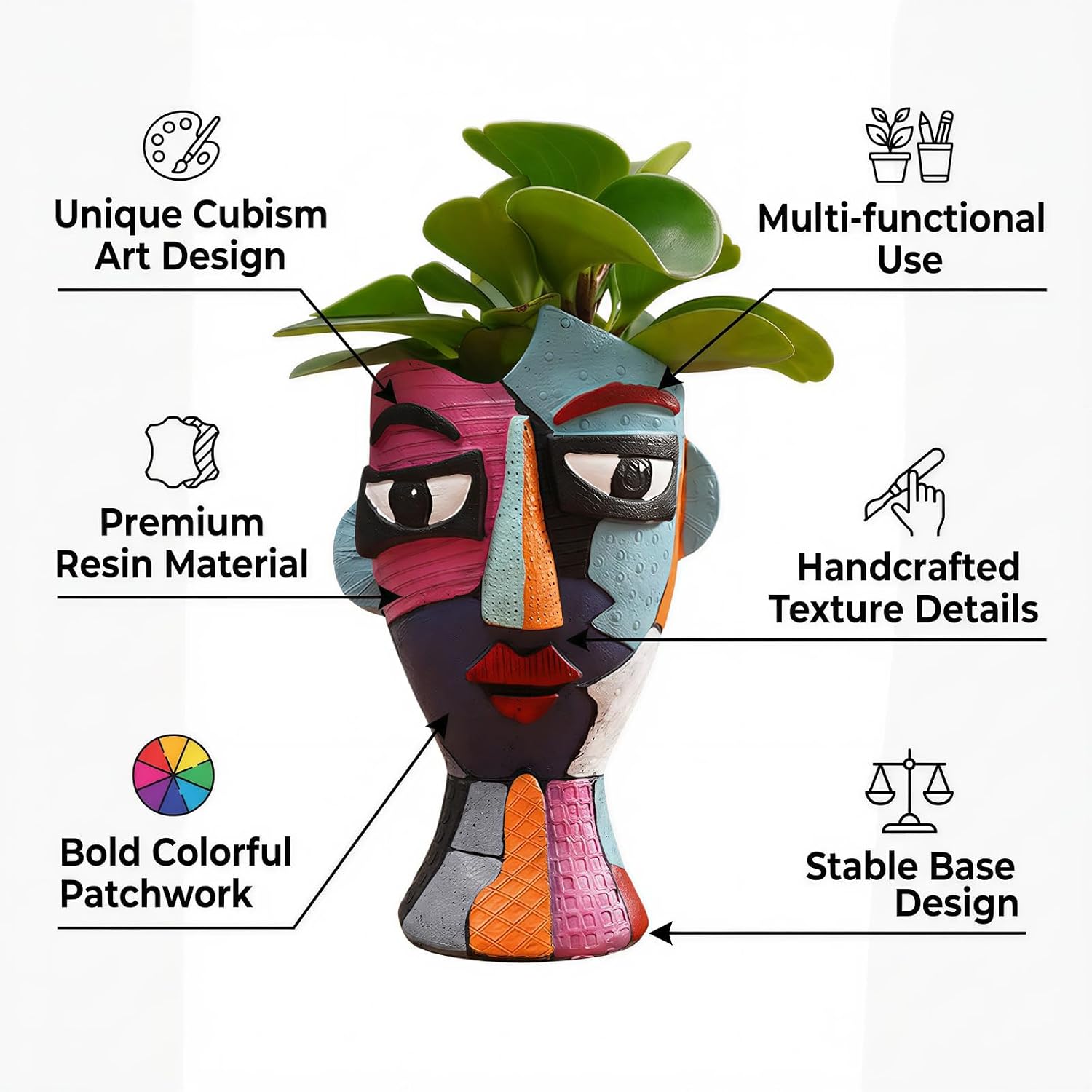 Face Planter Pot 8.2 Inch Height with Drainage | Abstract Picasso Head Vase for Decorative Plant | Eclectic Flower Pots