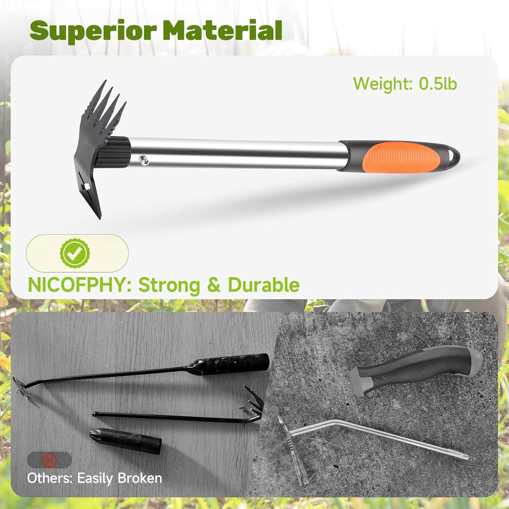 60" Weed Puller Tool with Long Handle and 17" Weeding Tools Gardening Set | Dual Side Hand Weed Rake and Hoe Garden