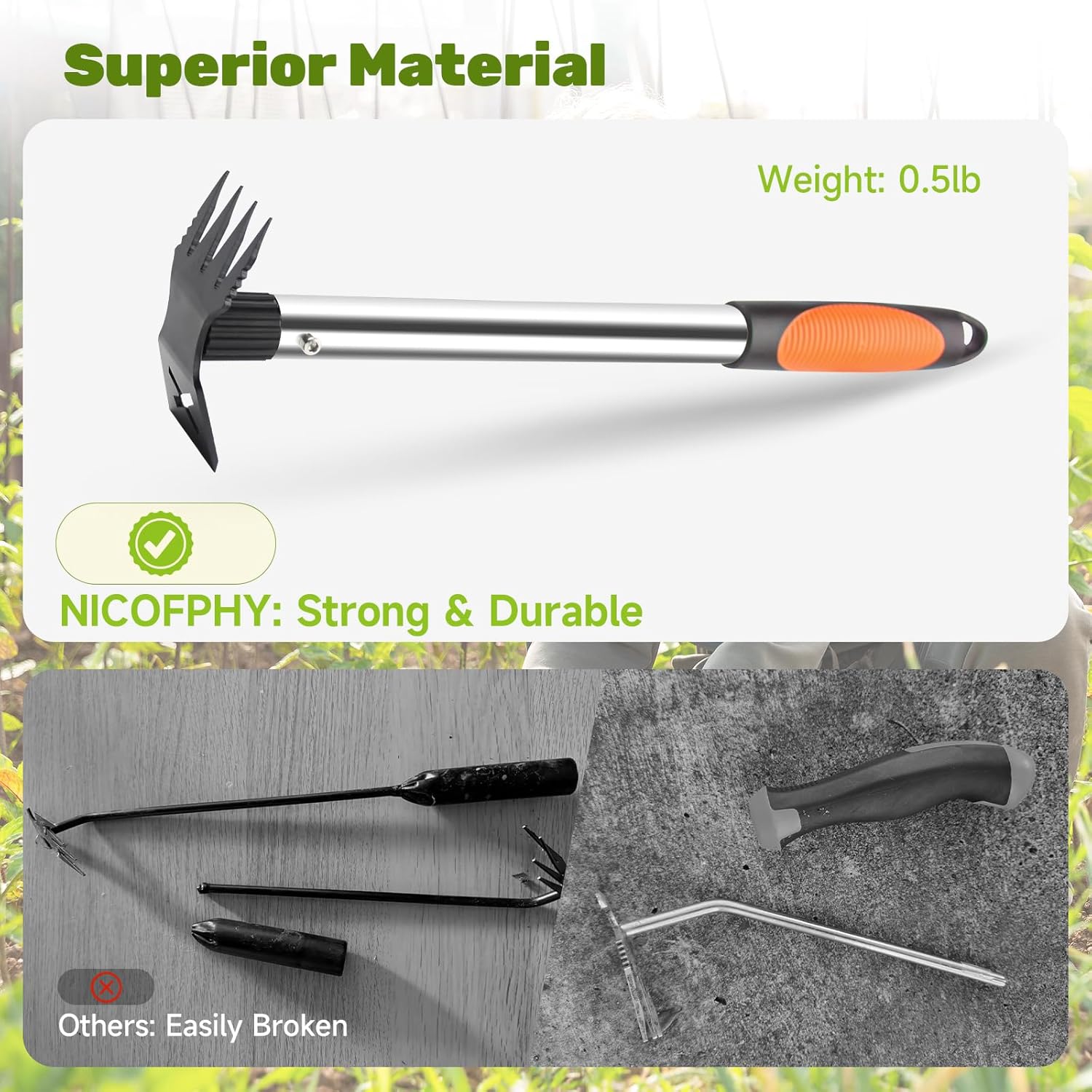 60" Weed Puller Tool with Long Handle and 17" Weeding Tools Gardening Set | Dual Side Hand Weed Rake and Hoe Garden