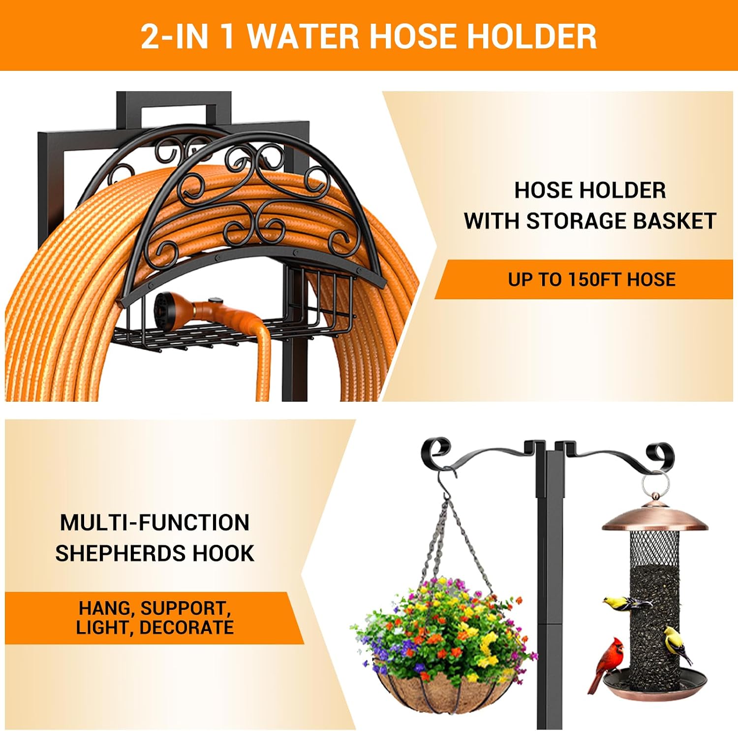 Garden Hose Holder with Shepherds Hooks - Freestanding Metal Water Hose Holder Stand Holds 160ft, Heavy Duty Garden