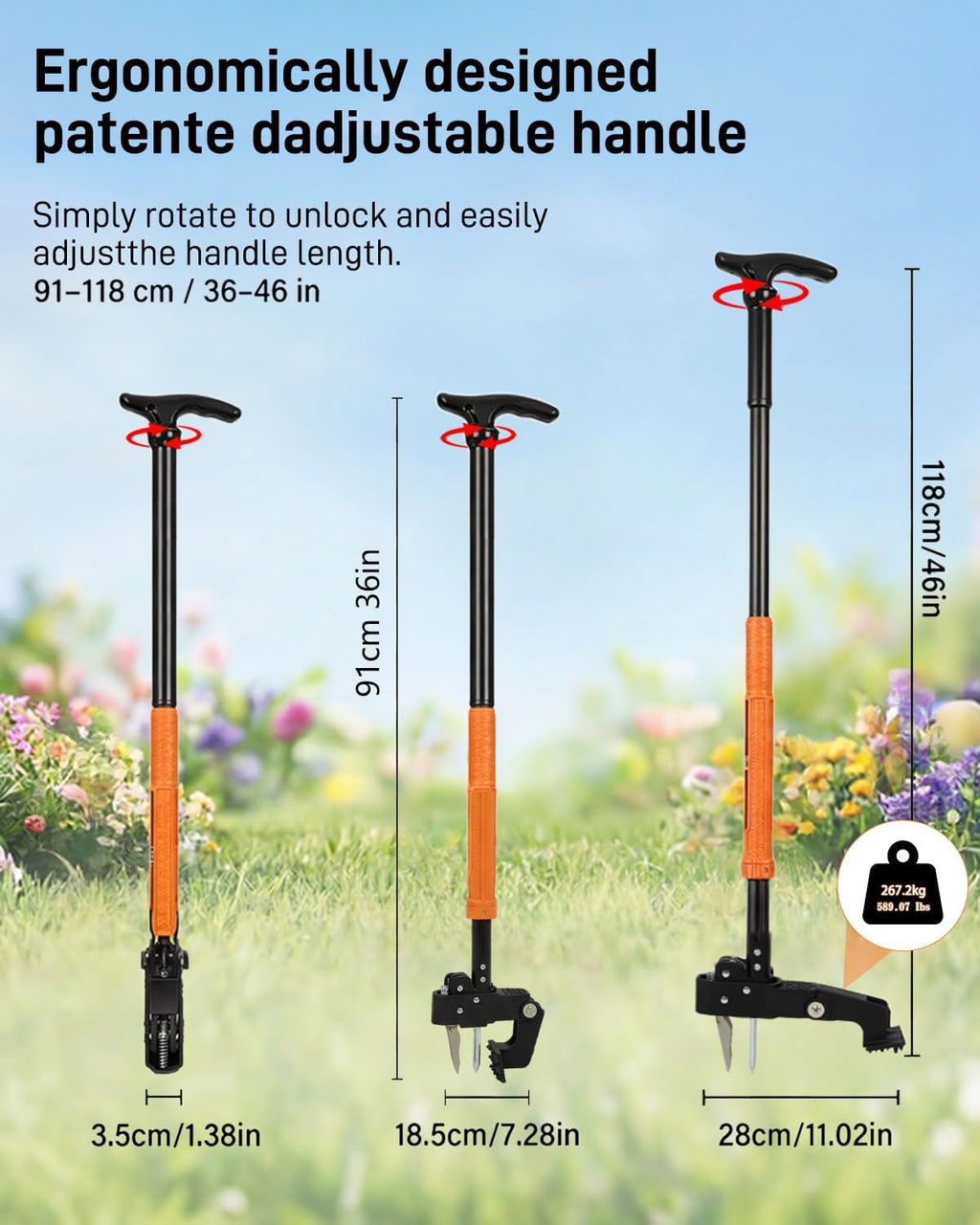 Stand Up Weed Puller Tool with Adjustable Long Handle and 50L Garden Bag | 36″-46″ Adjustable Handle | Heavy Duty