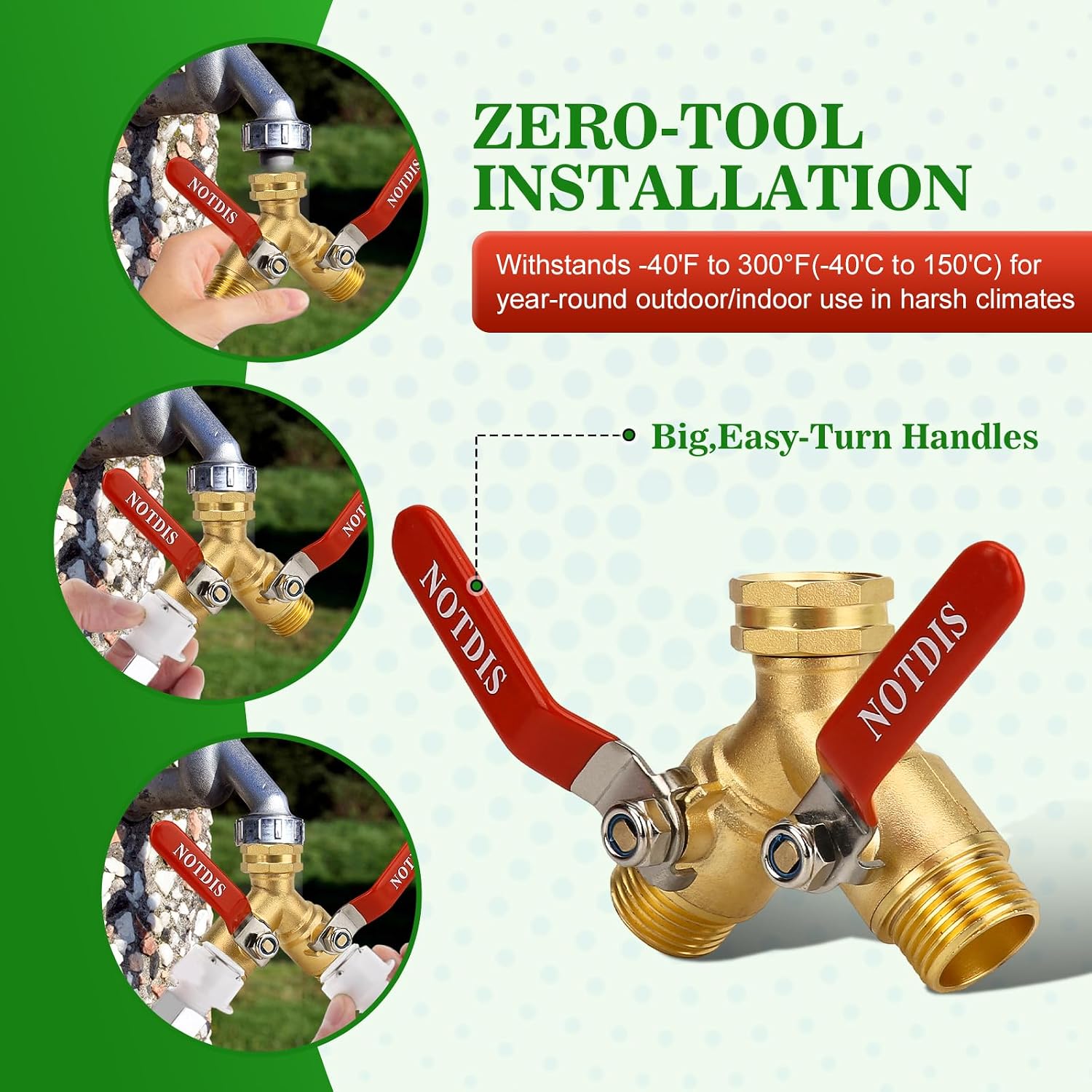 Hose Splitter 2 Way Heavy Duty Brass Garden Hose Splitter with 304 Stainless Steel Long Handle Outdoor Full Flow Hose