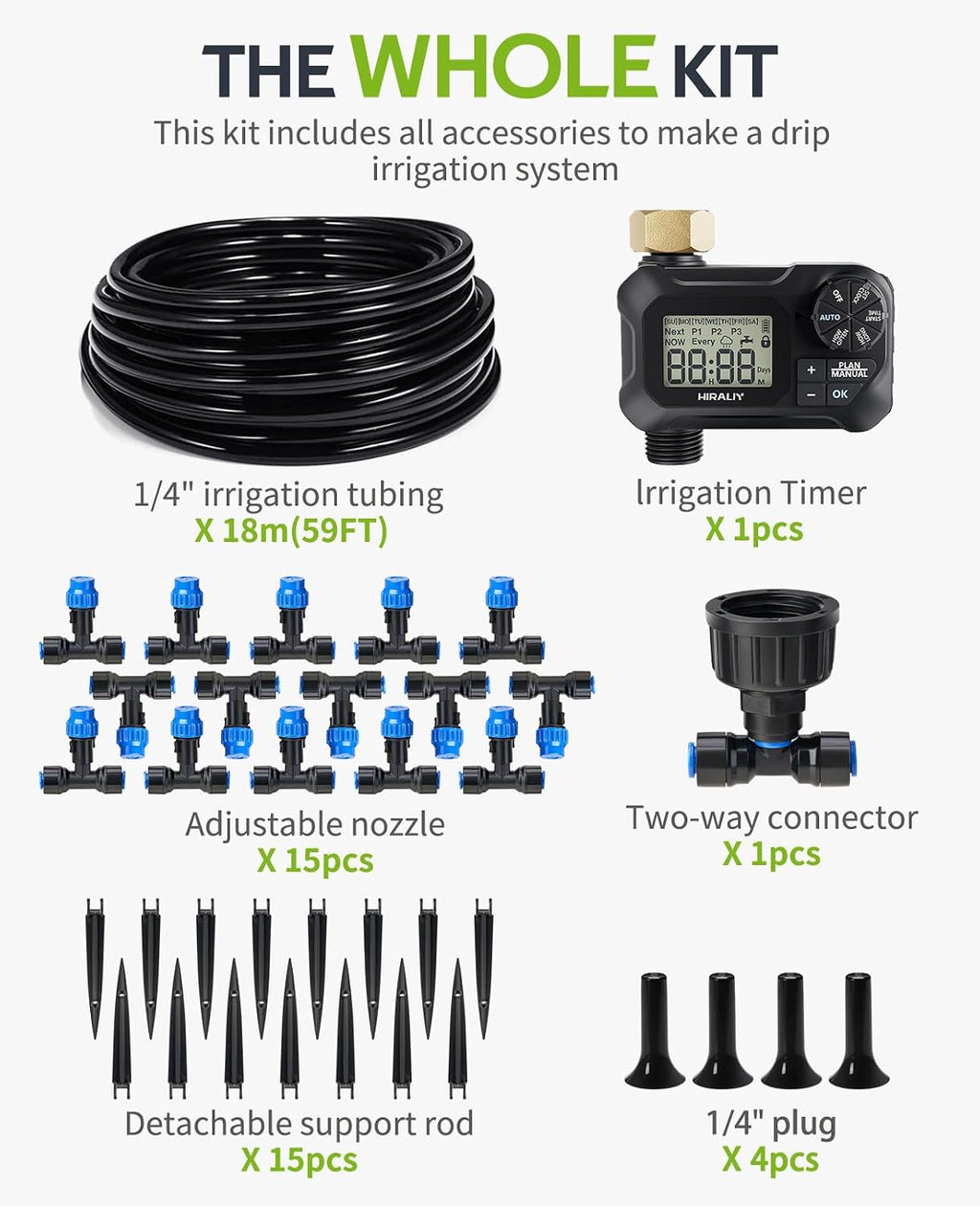 HIRALIY 59FT Drip Irrigation Kit with Water Timer, Quick-Connect | Garden Watering System with 15 Adjustable Misting